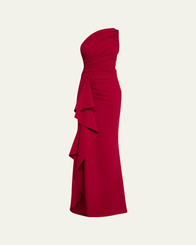 Ruched One-Shoulder Ruffle Gown